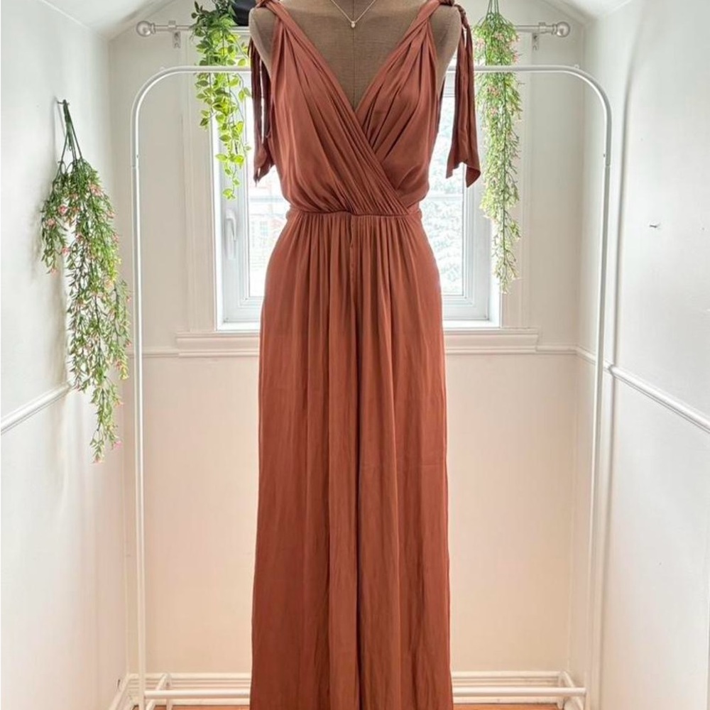 Zara Rust Brown Maxi Jumpsuit with Tie Shoulders